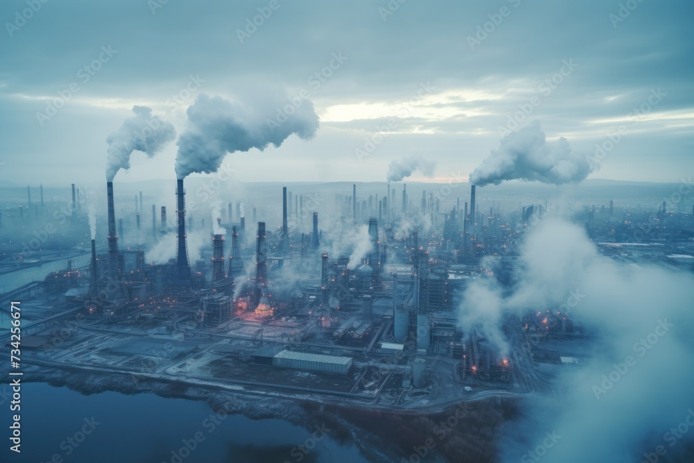 Air pollution smoke from oil refinery with tower and pipeline. Air pollution smoke from oil refinery with tower and pipeline.