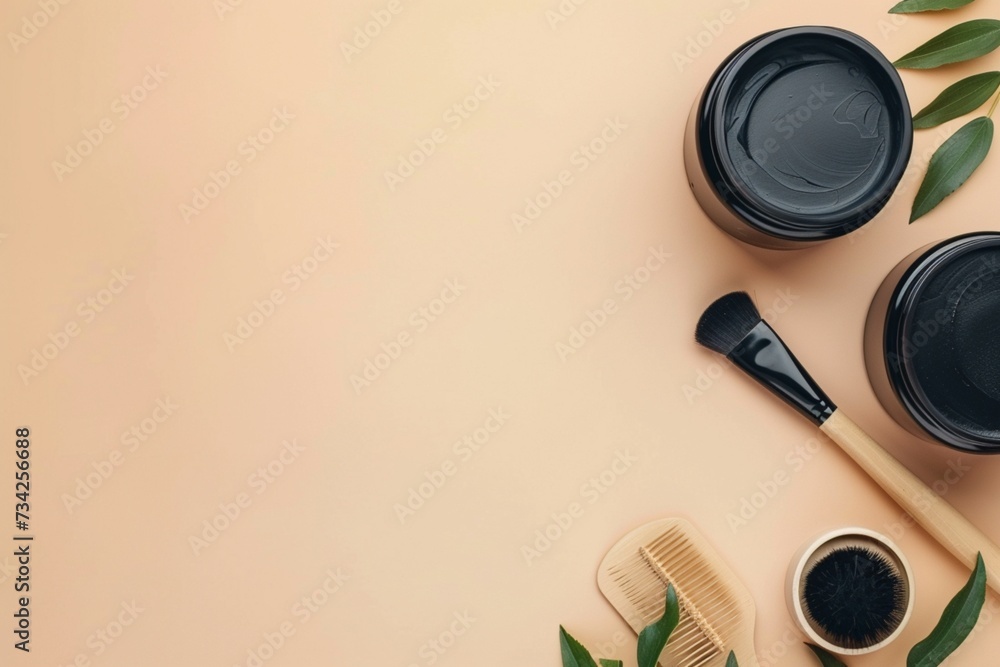 Flat lay of hairdresser equipment for mixing hair dye. Professional black jar with a brush on beige background. Preparing dye for hair coloring. Free space for text