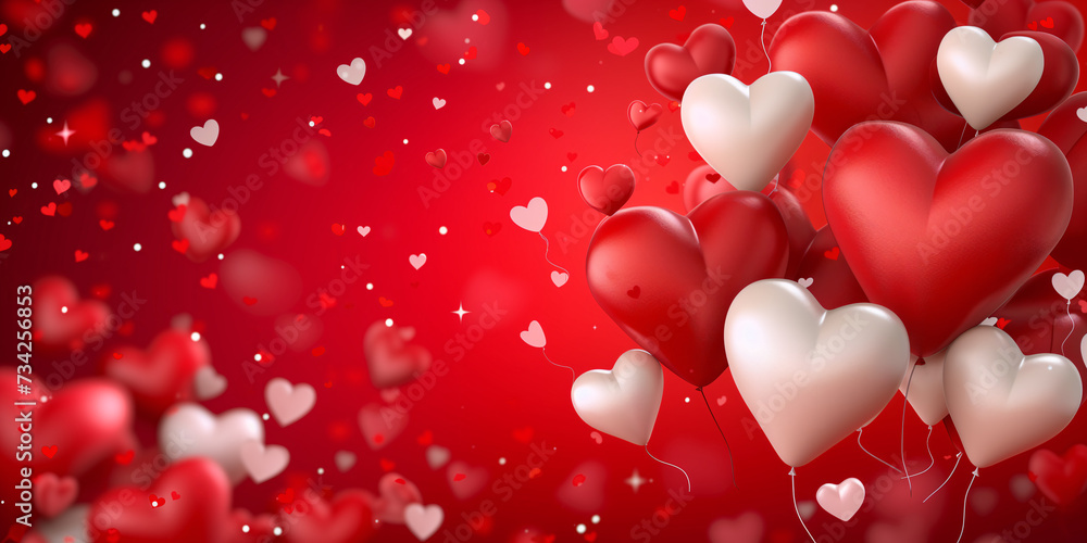 Festive red background with heart-shaped balloons