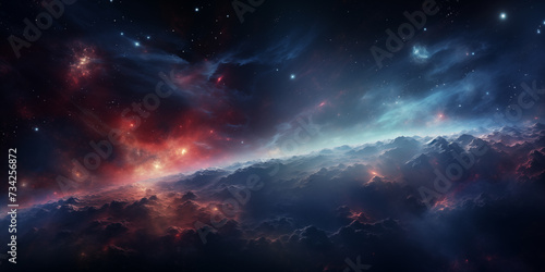 Image of a cosmic landscape, galaxy, bright cluster of stars, cosmic dust 