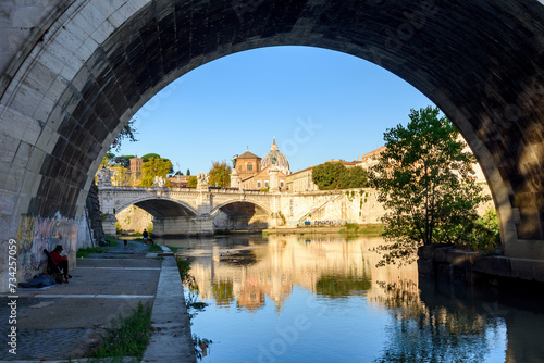 St. Angel bridge over Tiber river with St Peter's basilica in Vatican at background, Rome, Italy © Mistervlad