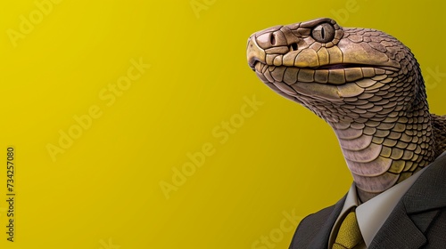 a King Cobra wearing a suit with a tie on a plain yellow background on the left side of the image and the right side blank for text