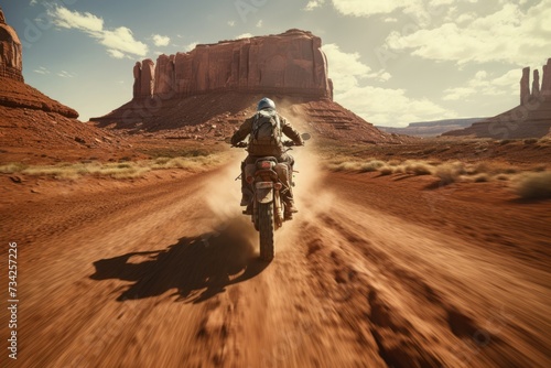A motorcycle running wild with landscape of American’s Wild West with desert sandstones.