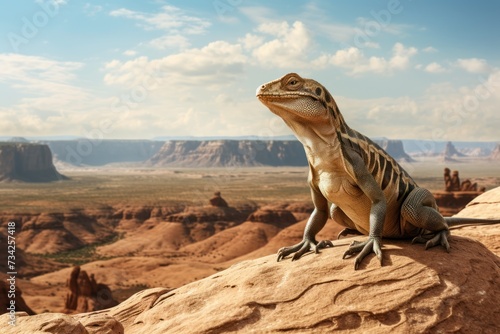 Close-up view of a lizard and landscape of American   s Wild West with desert sandstones.
