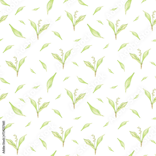 Watercolor seamless pattern with lily of the valley flowers on a white background. Hand-painted spring and Easter pattern. For designers  weddings  decor  postcards  packaging  textiles and paper