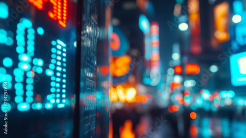 blurred view of a cityscape at night, showcasing the vibrant bokeh effect of city lights and possibly a digital stock market display.