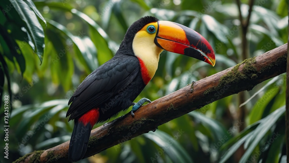 Naklejka premium Toucan tropical bird sitting on a tree branch in natural wildlife environment in rainforest jungle