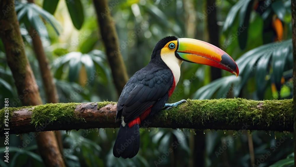 Toucan tropical bird sitting on a tree branch in natural wildlife environment in rainforest jungle Toucan tropical bird sitting on a tree branch in natural wildlife environment in rainforest jungle