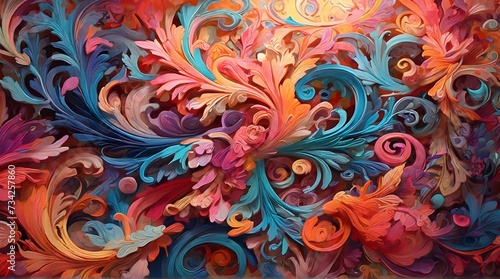 A vibrant and colorful background with swirling patterns and intricate details, rendered in a dreamy and ethereal style