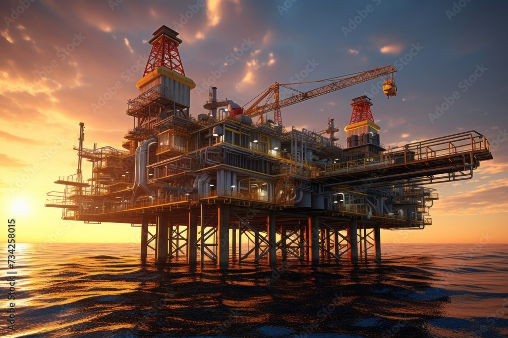 Offshore oil drill platform in sea at sunrise.