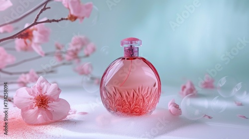  a bottle of pink perfume sitting next to a branch of pink flowers on a light blue background with pink petals.