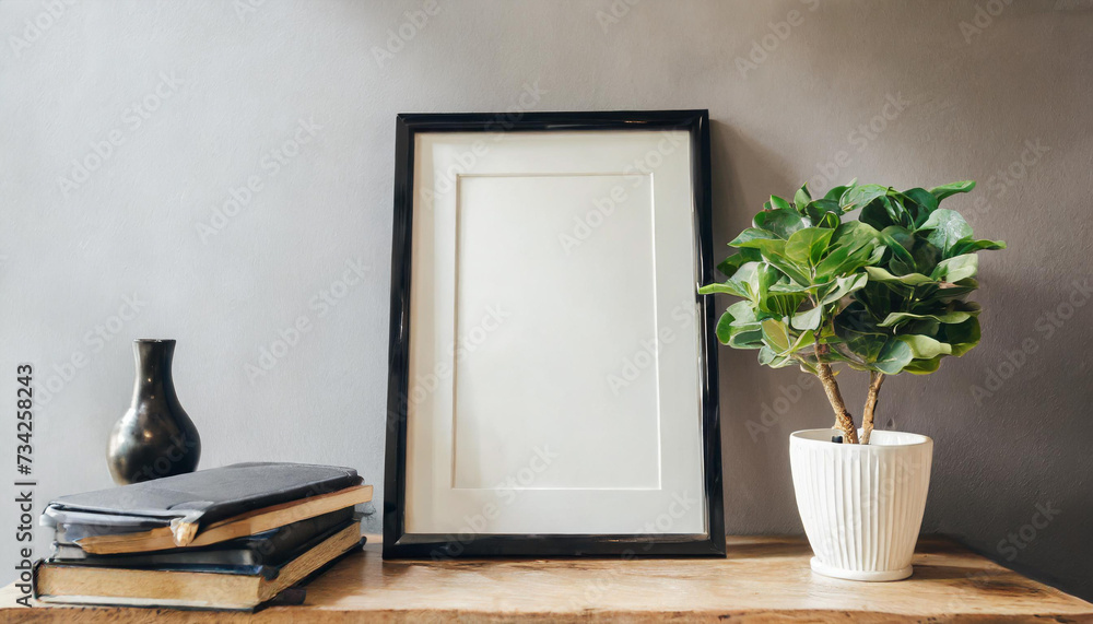 Interior poster mockup with vertical black frame in home interior background. Interior poster mockup with vertical black frame in home interior background.