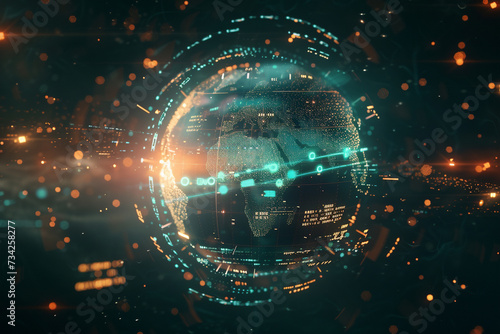 Red de datos digitales y luces rodeando el globo terráqueo (Generative AI)