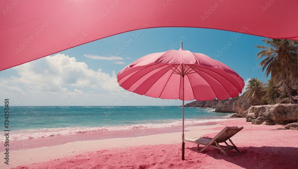  Umbrella on pink beach by sea 