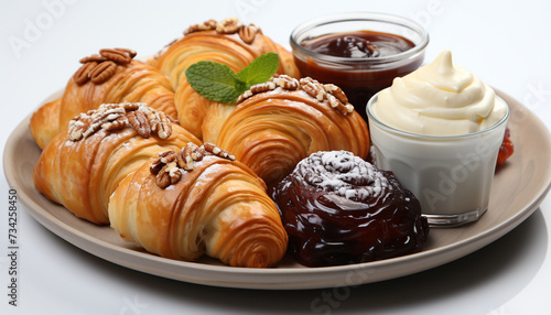 Freshness and indulgence on a plate gourmet croissant, baked chocolate generated by AI photo