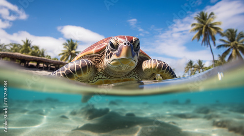A turtle swimming through the clear azure waters. This serene image captures the grace and tranquility of marine life, evoking a sense of wonder and appreciation for the natural world. Ideal for promo ©  Princess Turandot