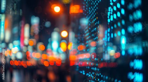 blurred view of a cityscape at night  showcasing the vibrant bokeh effect of city lights and possibly a digital stock market display.