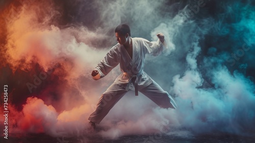Martial arts masters on dark smoke background