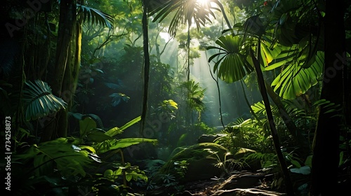 a lush, untouched tropical rainforest with sunlight filtering through the dense canopy, creating a play of shadows on the vibrant foliage below.