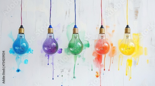  a group of light bulbs that have been painted in different colors of blue, yellow, green, red, and orange.