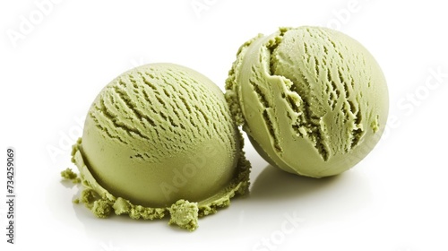 Scoops of green tea ice cream on a white background
