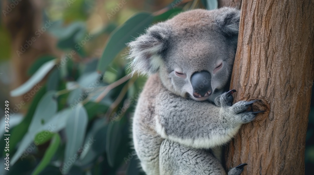 Fototapeta premium a koala sitting on top of a tree with its head on a tree branch and it's eyes closed.
