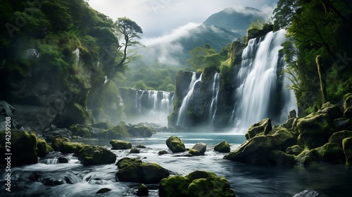 a majestic waterfall cascading down rugged rocks  surrounded by lush greenery and mist rising into the air  creating a scene of natural wonder.