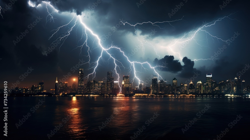 City building with bright lightning strike in a thunderstorm at night.