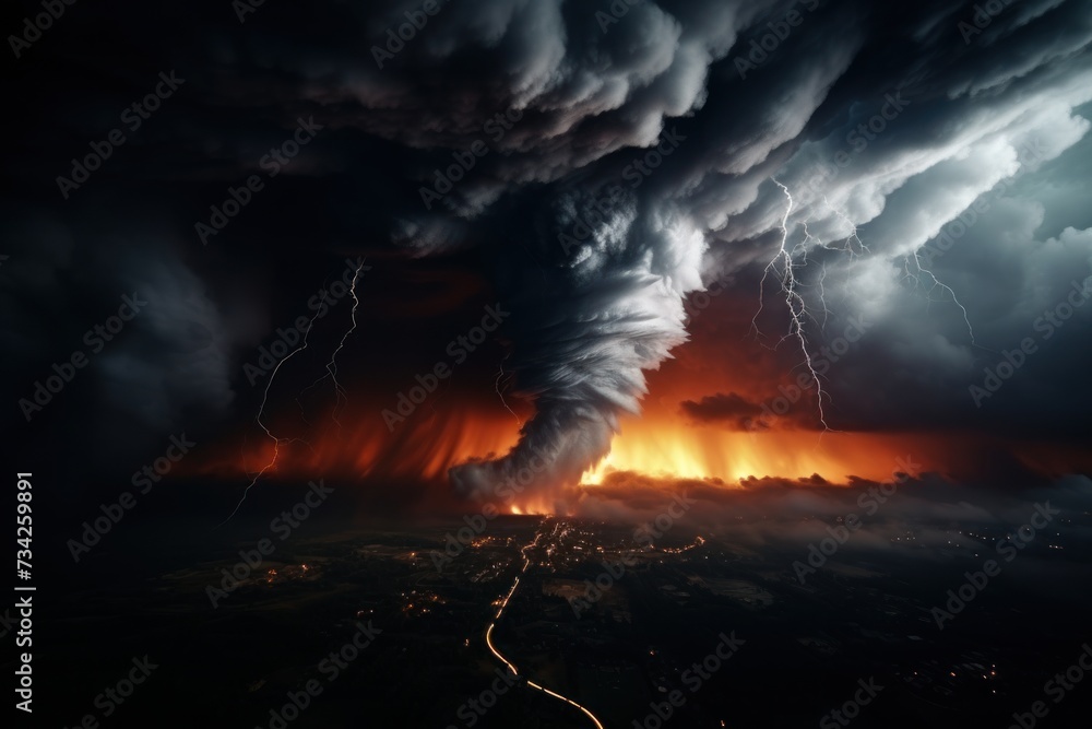 A twister touching down on ground with heavy cloud covering sky. A twister touching down on ground with heavy cloud covering sky.