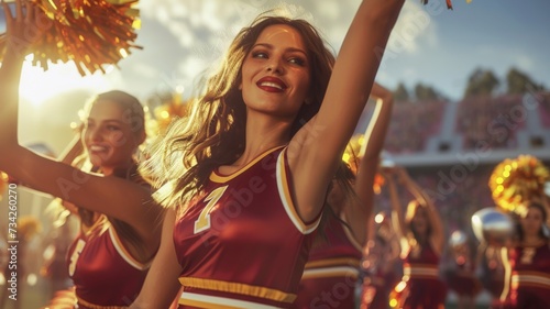 Cheerleading squad with golden pompoms, celebrating at a sports event during sunset