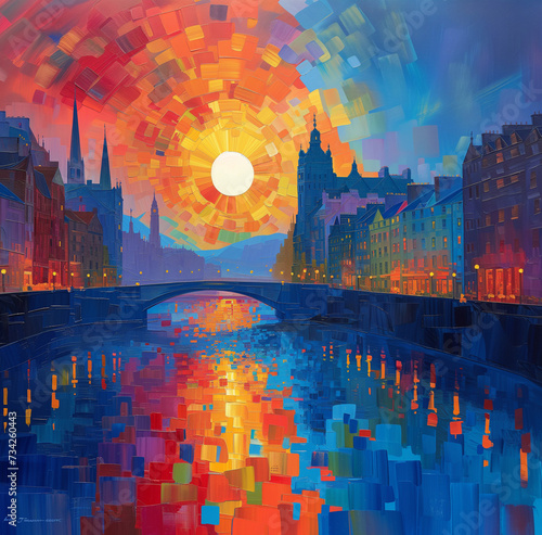 Sunset over the city on the water, artwork