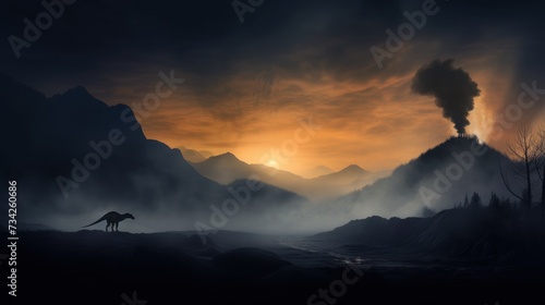 Dinosaur stands in foggy land with smoking volcano in prehistoric environment. Photorealistic.