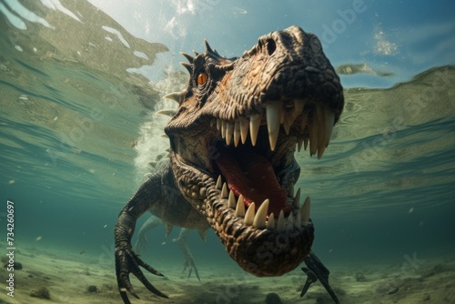 Fototapeta Naklejka Na Ścianę i Meble -  Close-up view of a Baryonyx dinosaur in water in prehistoric environment. Photorealistic.
