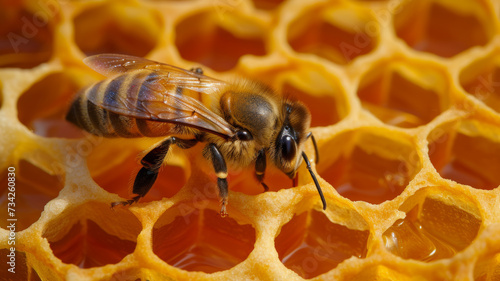 Close-Up, Bee Amidst Honeycomb Cells © M.Gierczyk