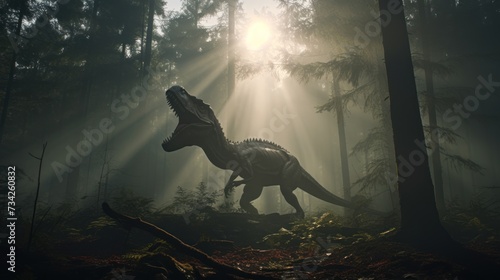 Dinosaur stands in sunny prehistoric forest. Photorealistic. © Joyce