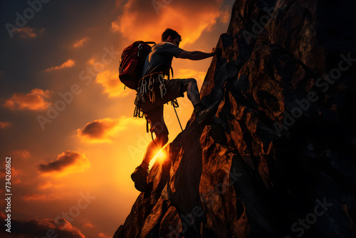 hiker hanging from a mountain holding a rope, sunrise warm sun light background with copy space
