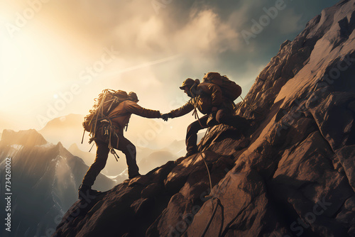 hiker helps his friend climb the mountain