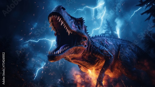 Dinosaur stands in lightning storm in prehistoric environment. Photorealistic. © Joyce