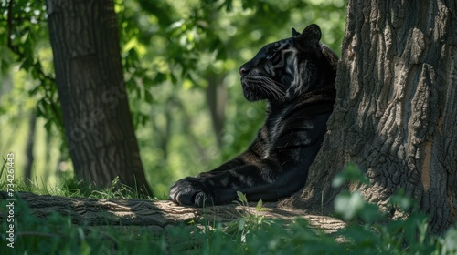  a black tiger standing on its hind legs next to a tree with its head on the trunk of a tree.