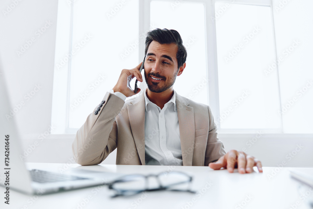 Fototapeta premium Man talk smile occupation caucasian computer phone winner happy office laptop businessman manager working
