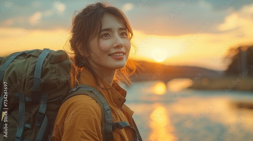 Adventurous Woman with Backpack at Sunset Adventurous Woman with Backpack at Sunset