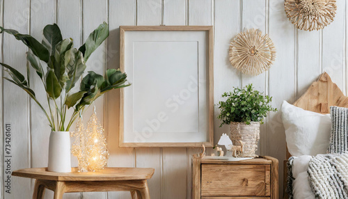 Mock Up empty Wall with wooden frame In farmhouse Interior Background in baby room with poster frame, nursery mockup, Scandinavian Style