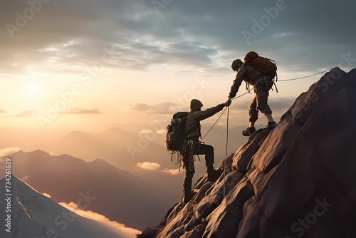 A hiker helps his friend climb top of the mountain