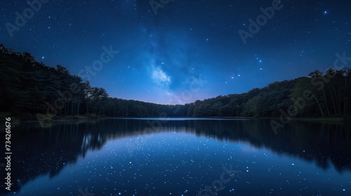 Starry Night Sky Reflected in Forest Lake
