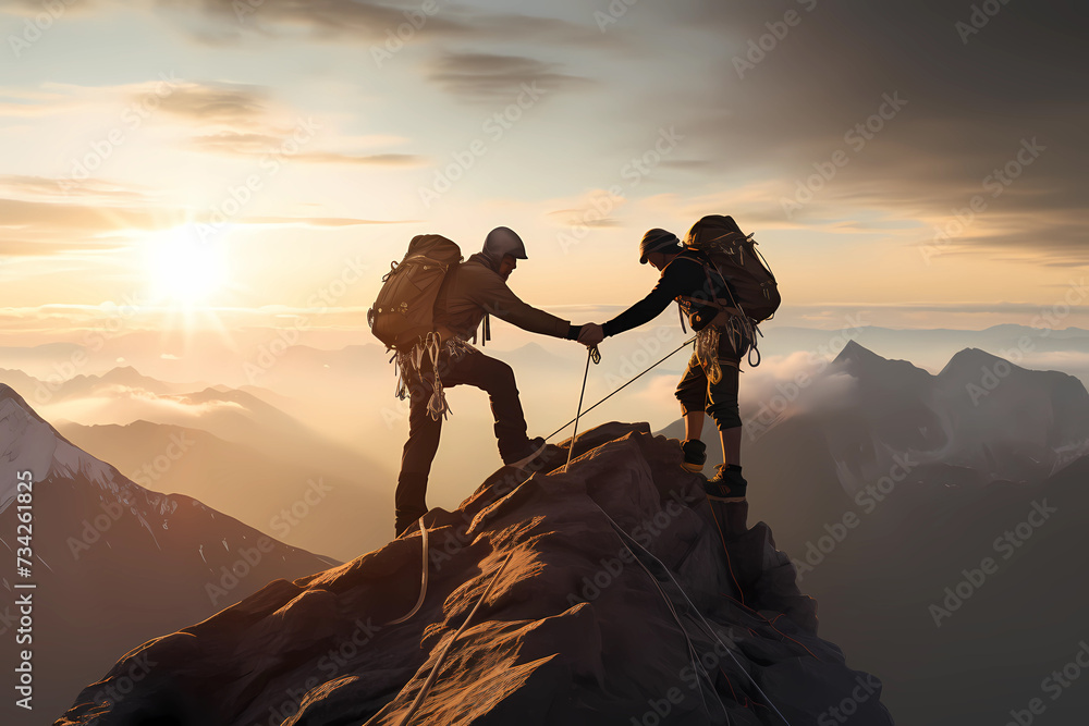 A climber helps his friend climb top of the mountain with copy space