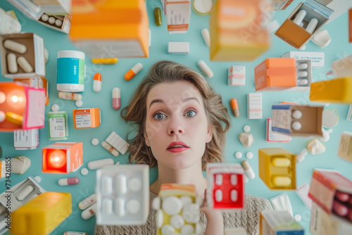 Portrait d'une jeune femme hypocondriaque au milieu de plein de boites de médicaments photo