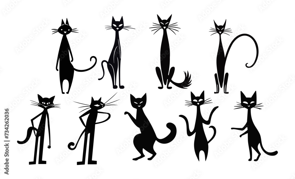 Set of silhouettes cats, domestic animal cartoon in different poses 