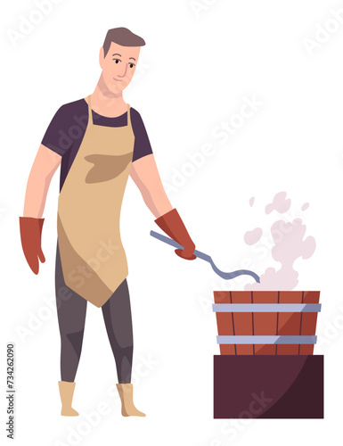 Blacksmith worker. Craftsmanship making steel tools. Character with hammer making goods in foundry workshop. Worker making some items. Vector cartoon person