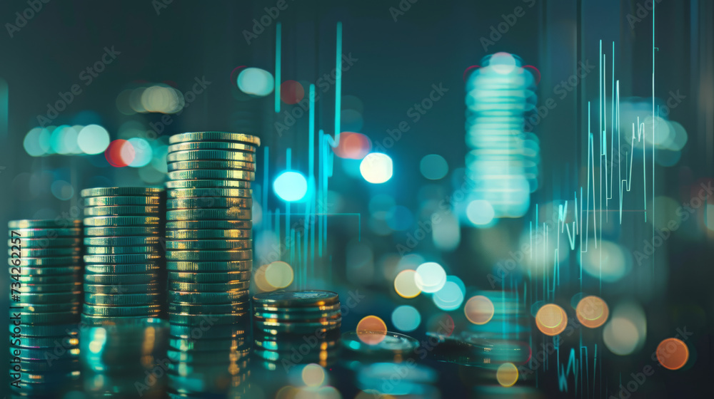 Stacked coins in various denominations with a digital stock market display in the background, all set against a bokeh of city lights, illustrating concepts of finance and investment. - obrazy, fototapety, plakaty 