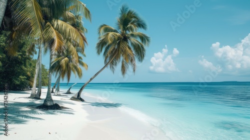  a tropical beach with palm trees in the foreground and a blue sky in the background with clouds in the sky.